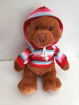 Goffa Bear Striped Hoodie Plush Stuffed Animal Brown Red Blue Heart on Foot - £23.63 GBP