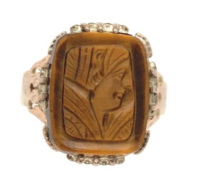 Victorian Genuine Natural Tiger&#39;s Eye Cameo 10k Gold Ring Size 10.5 (#J6... - $513.81