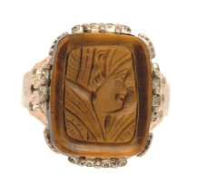 Victorian Genuine Natural Tiger&#39;s Eye Cameo 10k Gold Ring Size 10.5 (#J6222) - £410.71 GBP