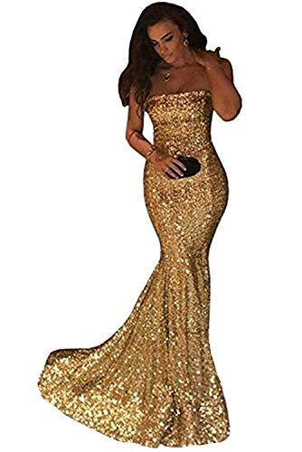 Women Sequins Mermaid Long Strapless Formal Evening Gowns Prom Dress Gold US 8