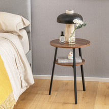 2-Tier Round Nightstand Bedside End Table for Bedroom Living Room Walnut - £63.92 GBP