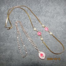 NECKLACES 2: gold chain w/2 sections pearl/pink stone/pearl, resin flwr(jewel21) - £7.91 GBP