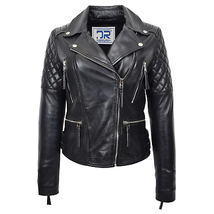DR246 Women&#39;s Real Leather X-Zip Biker Style Jacket Black - £106.64 GBP