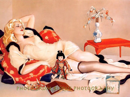 Woman in Nightgown w/ Japanese Doll 8.5x11&quot; Photo Print Alberto Vargas Pinup Art - $8.11