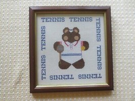 Framed TENNIS TEDDY BEAR Cross Stitch WALL HANGING - 11&quot; x 11&quot; - $15.00