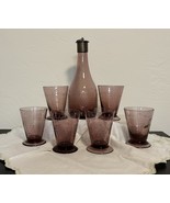 Vtg Purple Etched Wine Decanter w/ 6 Matching Footed Glasses Near Mint - $2,832.38 MXN