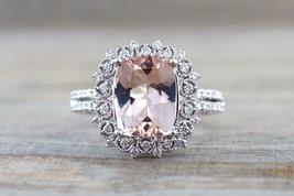 1.5CT Cushion Cut Peach Morganite Diamond 14K White Gold Over Halo Ring For Gift - £73.56 GBP