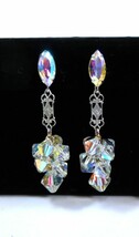 Vintage Aurora Borealis Crystal Beaded Silver Tone Dangle Clip on Earrings - $23.75