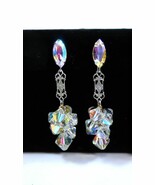 Vintage Aurora Borealis Crystal Beaded Silver Tone Dangle Clip on Earrings - $23.75
