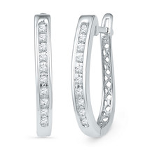 10k White Gold Round Diamond Slender Single Row Oblong Hoop Earrings 1/5 Cttw - £286.96 GBP