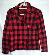 Size Medium Chaps Red/Black Buffalo Plaid Moto Sweater Jacket, Zip Front - $40.00