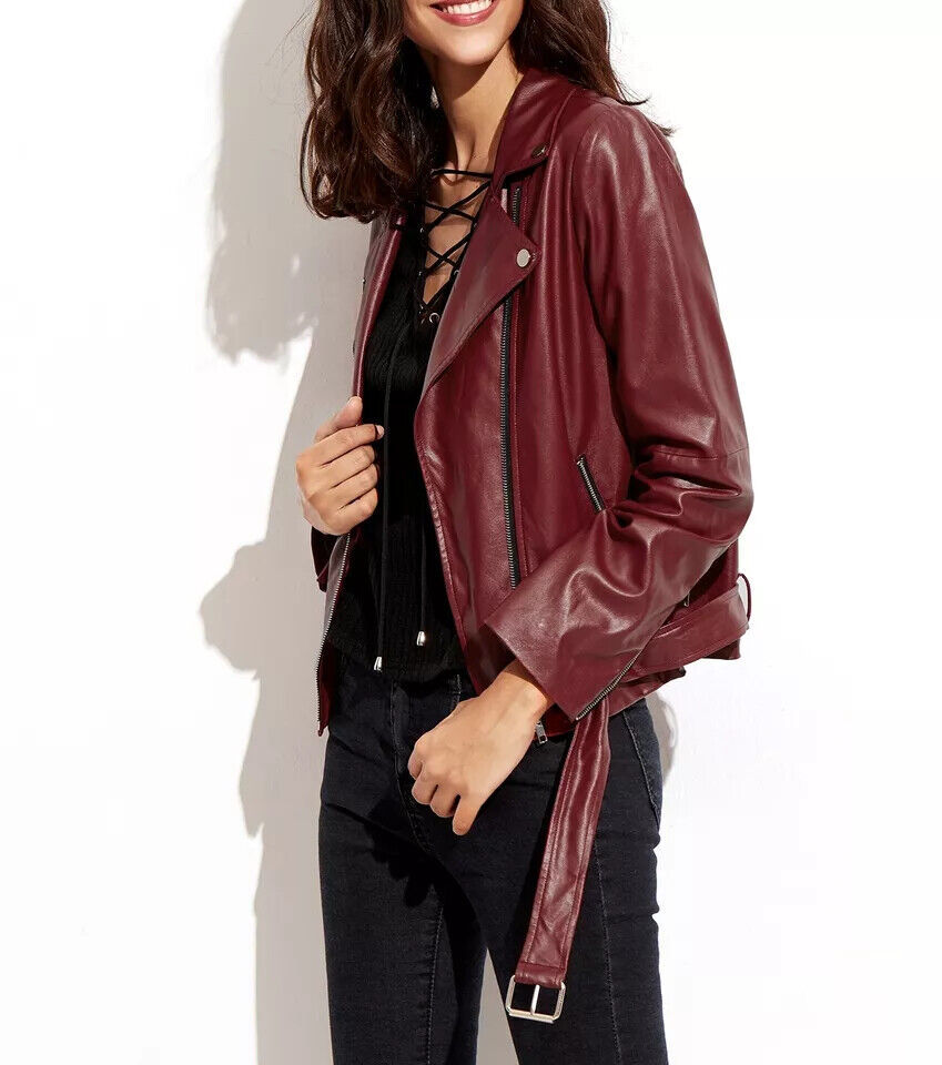 Elegante chaqueta borgoña decente para mujer Slim-fit cuero genuino motociclista Item image 2
