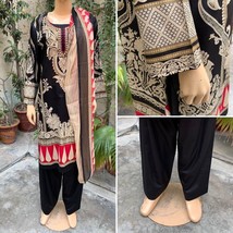 Pakistani Black Printed Straight Shirt 3-PCS Lawn Suit w/ Threadwork ,L#1 - £40.04 GBP