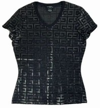 Guess Womens Black Logo V Neck Shirt Nylon Sheer Size Medium Short Sleeve - £17.15 GBP