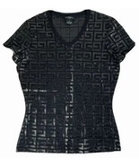 Guess Womens Black Logo V Neck Shirt Nylon Sheer Size Medium Short Sleeve - £17.15 GBP