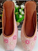 Women Punjabi Jutti Leather Half Mules open back US Size 6-10 DLY Pearls Pink - £25.98 GBP