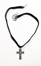 Vintage Gothic Silver Cross Pendant on 14&quot; Black Velvet Choker Collar - £11.95 GBP