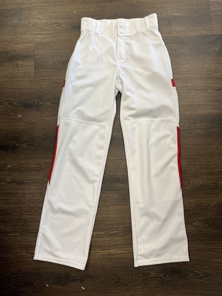 Primary image for Mens Small White Baseball Pants Adult Red Side and Back Pockets Alleson 27 X 30