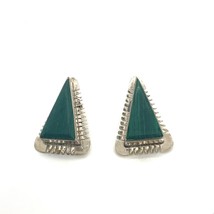 Vintage Sterling Sign Mexico Cabochon Triangle Malachite Stone Clip on Earrings - £51.45 GBP