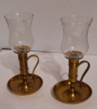 Vtg Pair Brass Chamber Candlesticks Removable Glass Votive Cups Made in India - £24.72 GBP