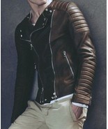 NEW Handmade Men&#39;s Lambskin Leather Biker Quilted Jacket, Men&#39;s Brown Le... - $2,741.49 MXN