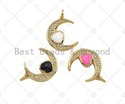 CZ Micro Pave Enamel Heart With Cresent Moon Pendant/Charm, White Pink Black - $3.50