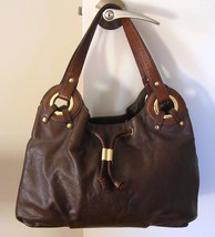 MICHAEL KORS Brown Leather Gold Ring Trim Drawstring Shoulderbag Purse Handbag - £27.68 GBP