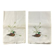 Vintage Tea Towels Embroidered Mallard Duck Reeds Cabin Decor 21&quot; x 14&quot; - £15.37 GBP