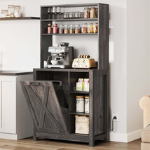 Bakers Rack Microwave Stand with Trash Can Storage Bin Cabinet and Power Outlet, - $516.59