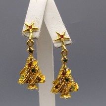 Vintage Christmas Tree Earrings, Gold Tone Dimensional Dangles with Colo... - $34.83
