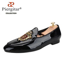 Black Patent Leather Men&#39;s Loafers With Manual Embroidery Patches Import... - £216.64 GBP