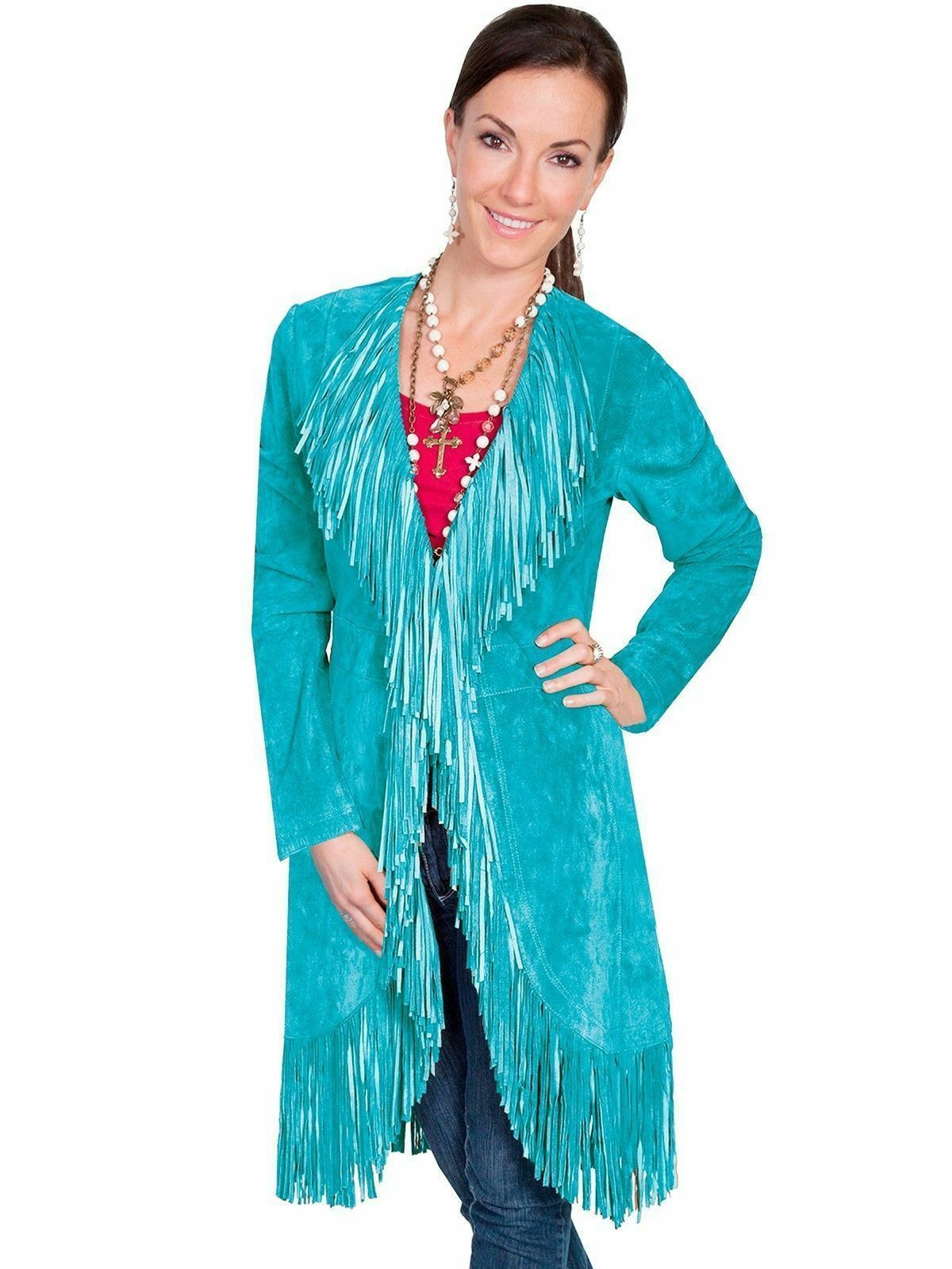 Women Blue Color Western Fringed Style Genuine Suede Leather Handmade Long Coat