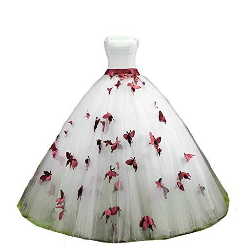 Ball Gown Butterfly Pearl Long Prom Wedding Dress Custom Made White and Burgundy