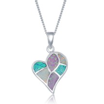 Silver White, Pink, and Blue Inlay Opal Heart Mosaic Style Pendant - £52.72 GBP