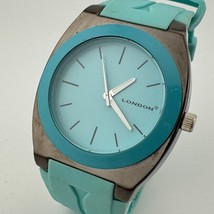 London Quartz Watch Men 44mm Black Teal Rubber Band Analog New Battery - $26.59
