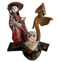 Japanese Doll Daruma Kimono Brocade Fabric Ceramic Bamboo Wood Lot 3 Vtg... - £39.43 GBP