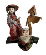 Japanese Doll Daruma Kimono Brocade Fabric Ceramic Bamboo Wood Lot 3 Vtg... - £38.91 GBP