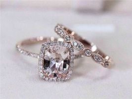 1.80Ct Cushion Cut Peach Morganite 14k Rose Gold Over Bridal Engagement Ring Set - £78.81 GBP