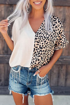 Khaki Contrast Leopard Color Block Blouse - £10.64 GBP