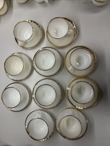 Fire King Teacups with 6” Saucers Swirl Milk Glass Gold Trim Anchor Hocking 10pc - £22.85 GBP