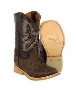 Kids Toddler Brown Ostrich Quill Cowboy Boots Print Leather Square Toe - £43.95 GBP