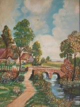 Vtg Oil Painting Art Secret Garden Flower Tudor Cottage Stone Wall Bridge Stream - £79.62 GBP