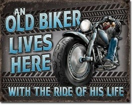 Motorcycle Old Biker Lives Here Harley Service Funny Wall Decor Metal Tin Sign - £12.58 GBP