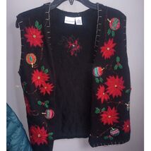 Women's Poinsettia VTG Ugly Christmas Sweater Holiday Vest Beaded Med - $18.00