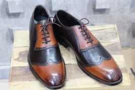 Handmade Men&#39;s Two Tone Tan Brown Wing tip Leather Shoes - £115.92 GBP+