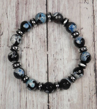 Fire Agate Glass Black Blue Faceted Stretch Bracelet Handmade 7.5&quot; - £17.83 GBP