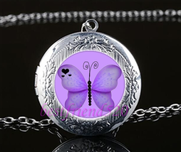 Purple Butterfly Cabochon LOCKET Pendant Silver Chain Necklace USA Ship #180 - £11.99 GBP