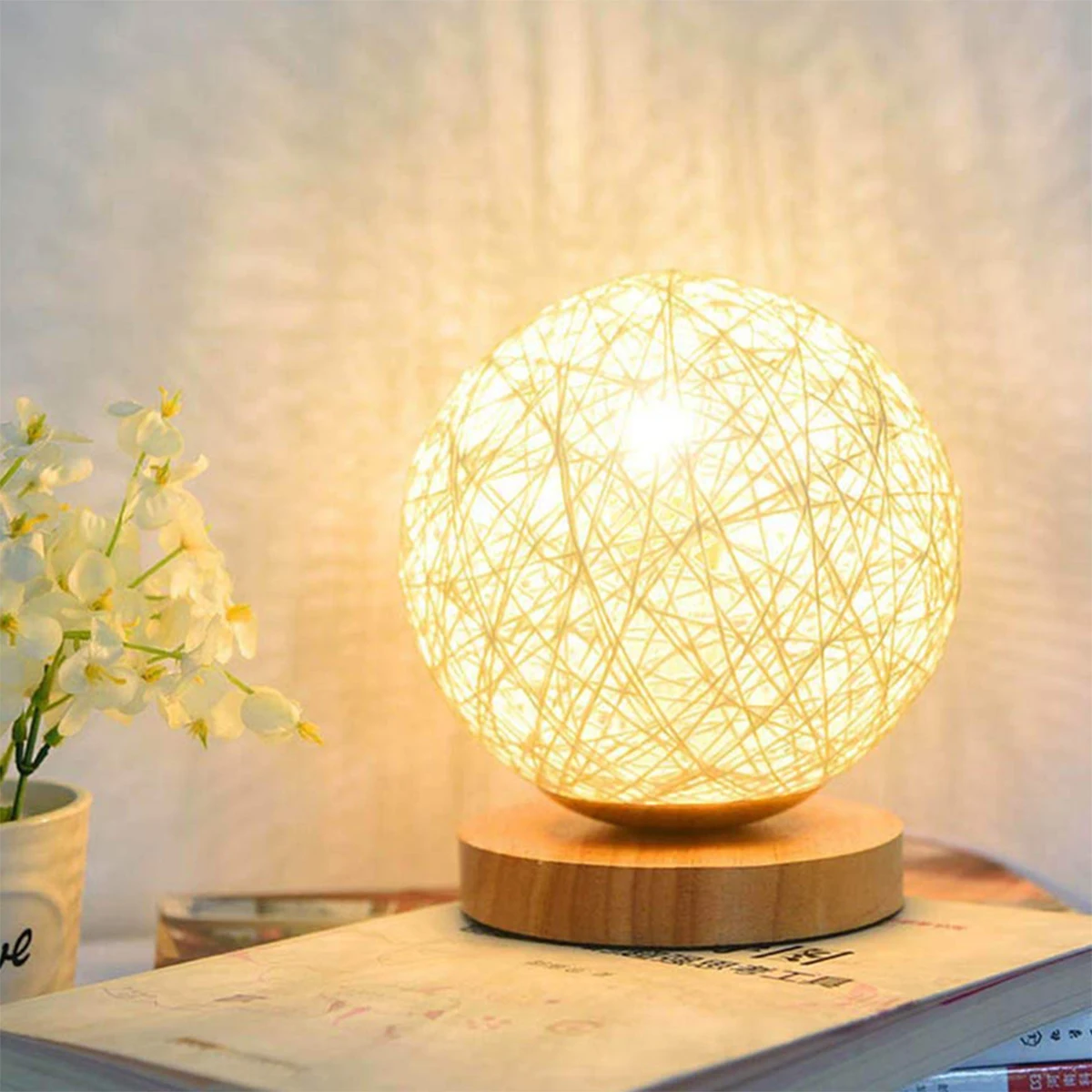 N ball night light usb table lamp dimmable hand knit rattan ball lampshade bedside lamp thumb200