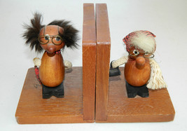 Vintage Hand Made old man &amp; woman Solid Wood bookends Rope Hair Walnut Teak - £22.15 GBP