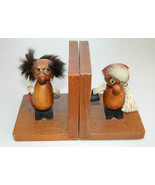 Vintage Hand Made old man &amp; woman Solid Wood bookends Rope Hair Walnut Teak - £21.76 GBP